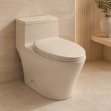 Segunda perspectiva del asiento sanitario alargado beige hueso en su espacio de uso