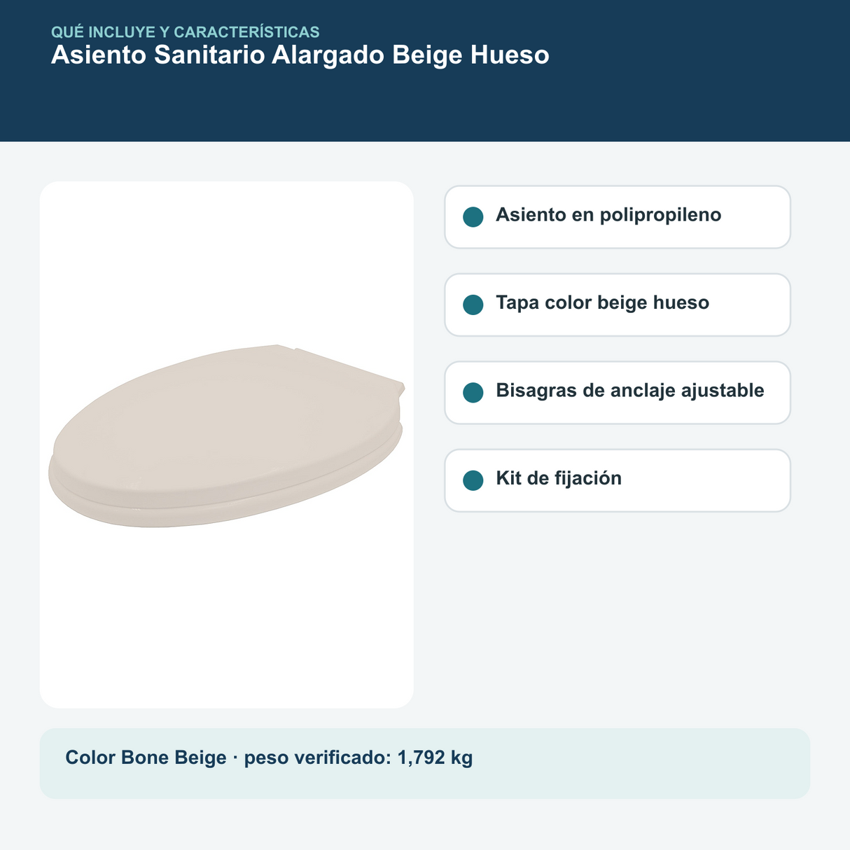 Contenido y características del asiento sanitario alargado beige hueso