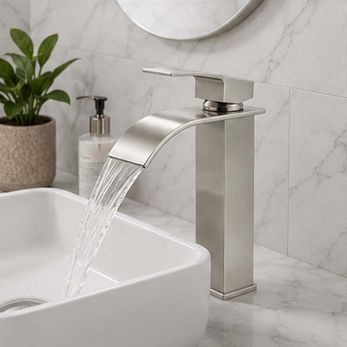 Grifería Monocontrol Baja para Lavamanos Tipo Cascada Satinada
