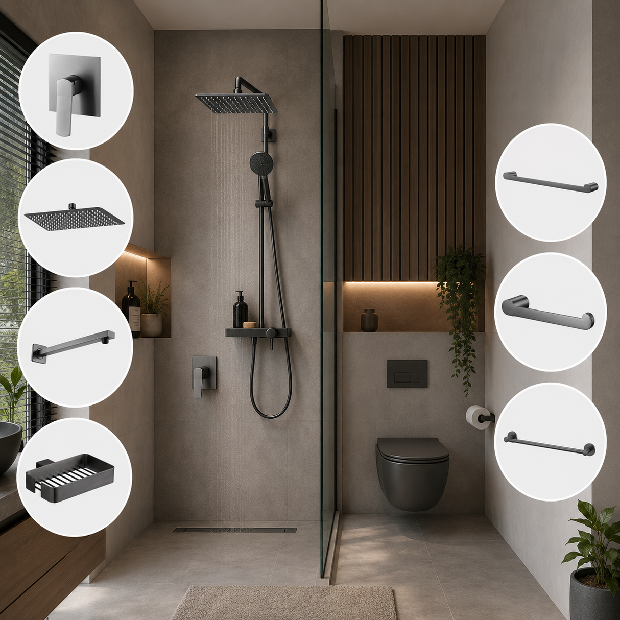 Combo Ducha y Accesorios Kassel Gris Níquel x7 Piezas