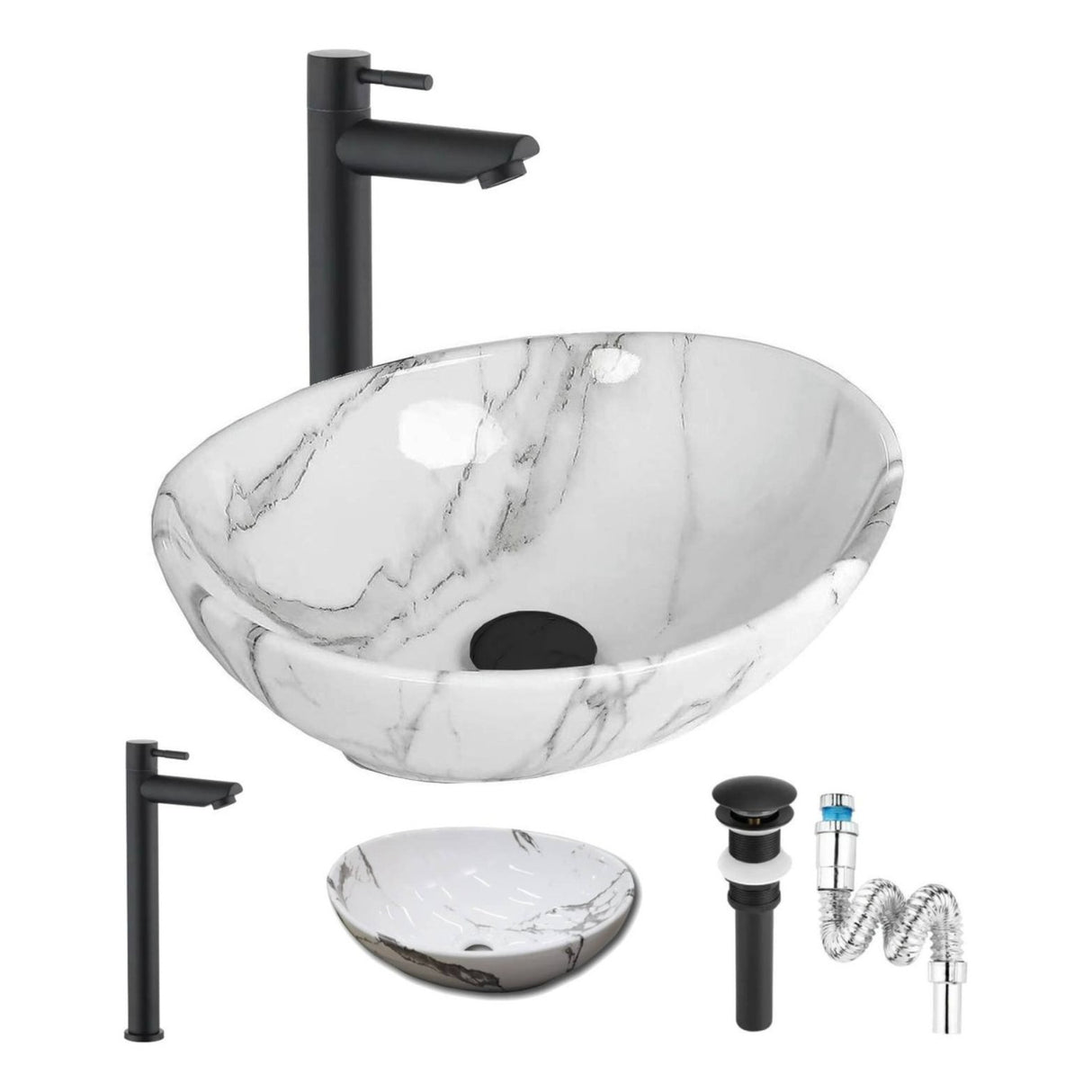 Kit Completo Lavabo Venato Oval-sifón -grifo Negro Agua Fría