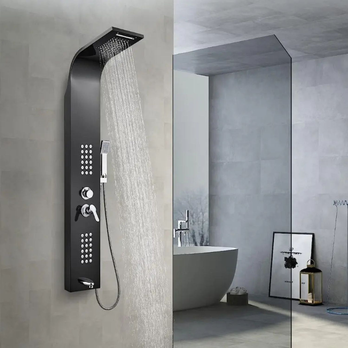 Torre Ducha Negra con Hidromasaje y Teleducha | Panel Multifunción para Baño Moderno