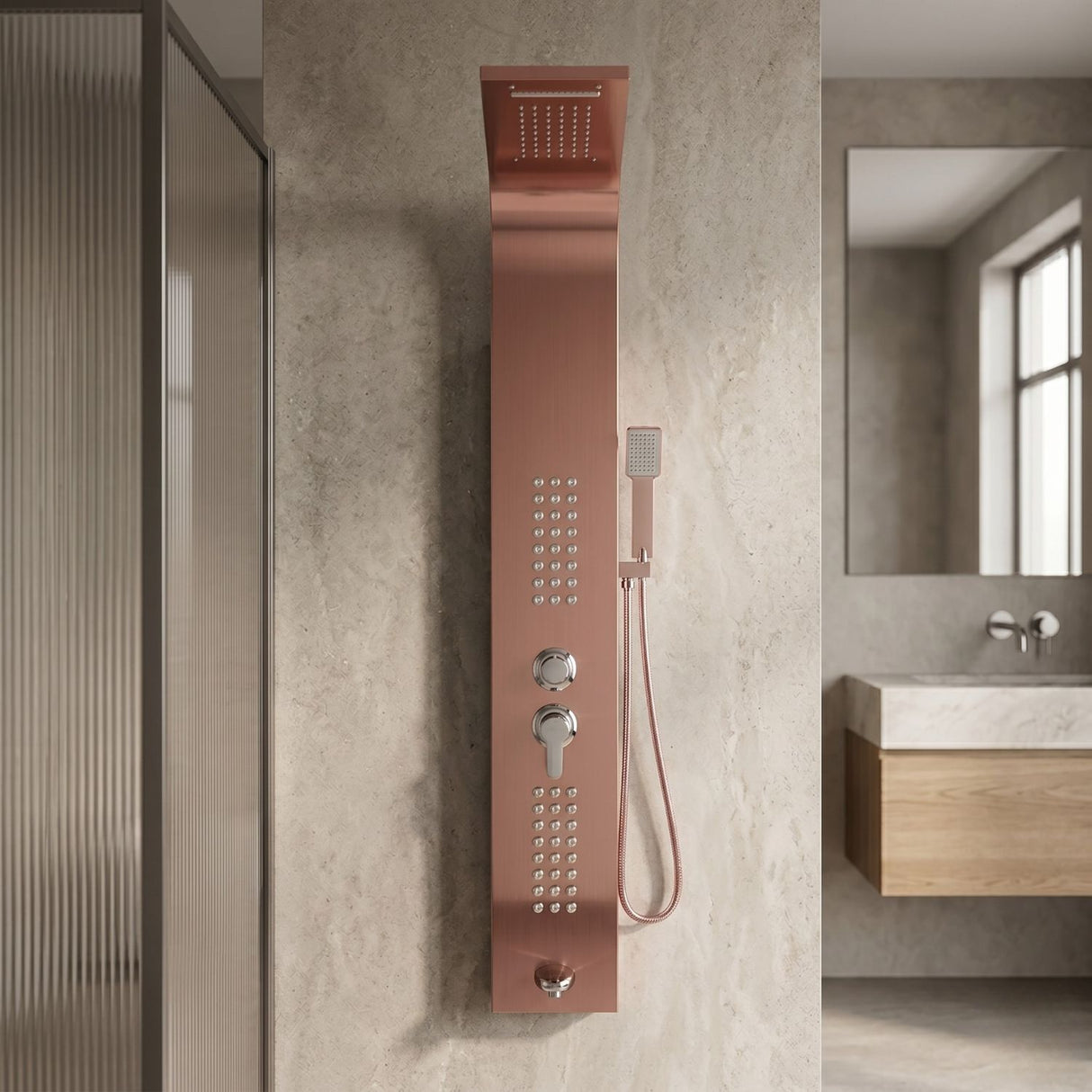 Torre de Ducha Oro Rosa | Panel de Ducha Multifunción de Lujo para Baño Moderno
