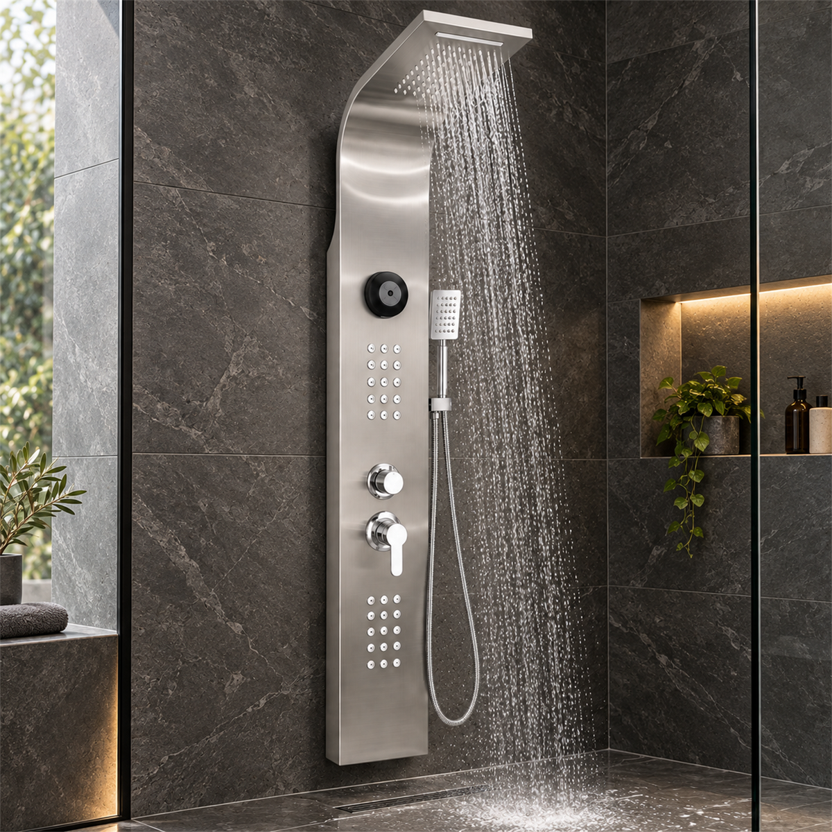 Torre de ducha satinada 2700SBT en baño contemporáneo
