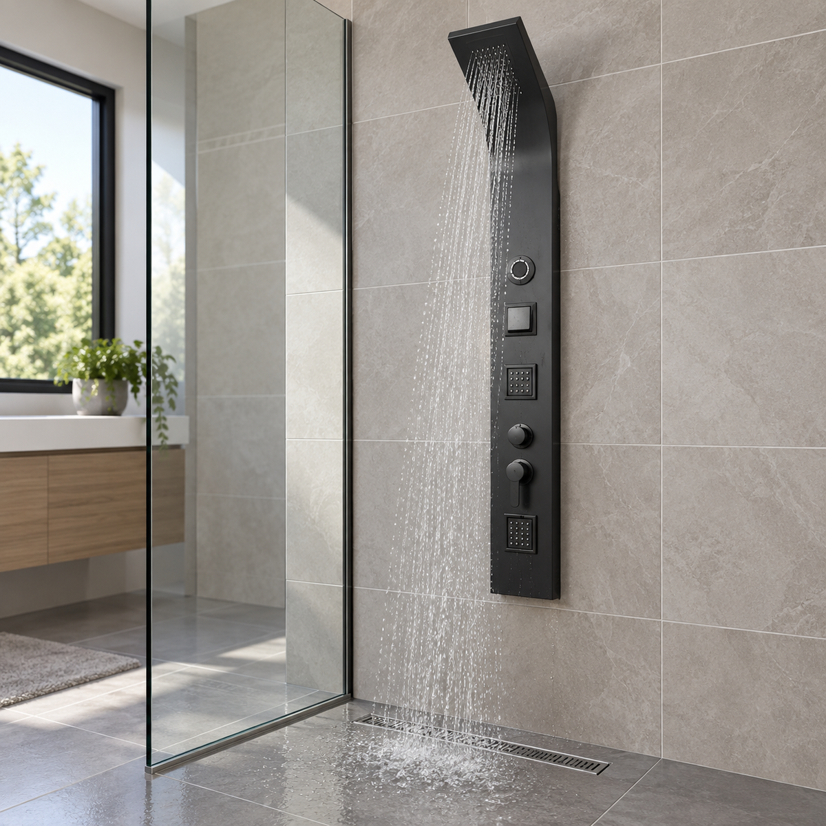 Torre De Ducha Negra Mate Con Bluetooth - 01 ambientacion