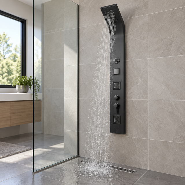 Torre De Ducha Negra Mate Con Bluetooth - 01 ambientacion