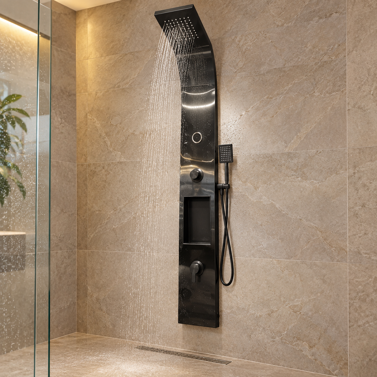 Torre De Ducha Negra Brillante Con Bluetooth Y Nicho - 01 ambientacion