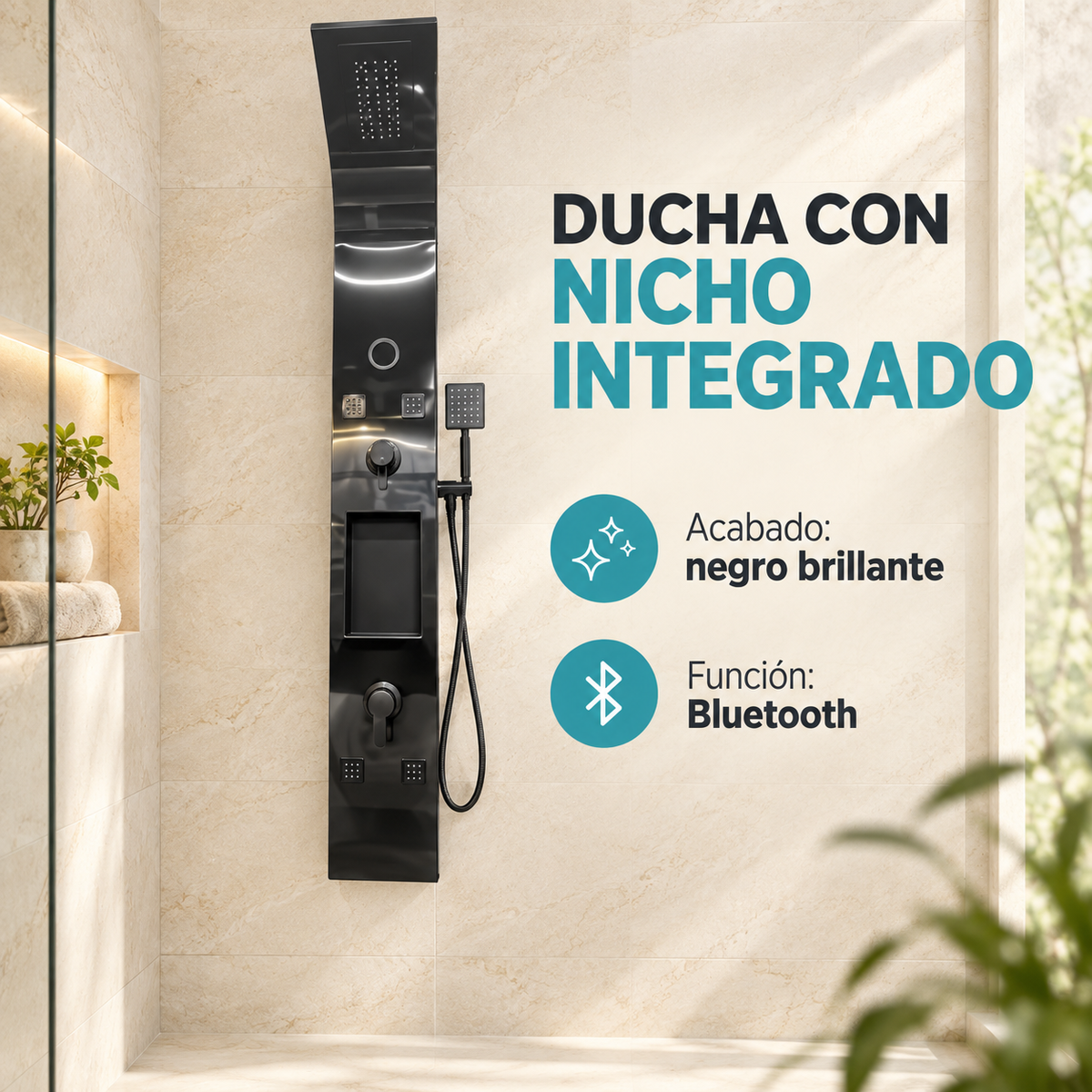 Torre De Ducha Negra Brillante Con Bluetooth Y Nicho - 03 detalle
