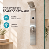 Detalles de torre de ducha satinada con Bluetooth