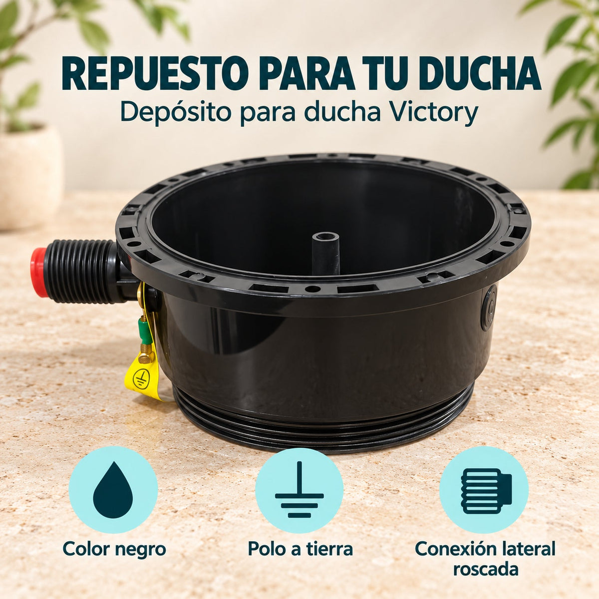 Depósito de repuesto negro para ducha Victory: color negro, terminal de puesta a tierra y conexión lateral roscada