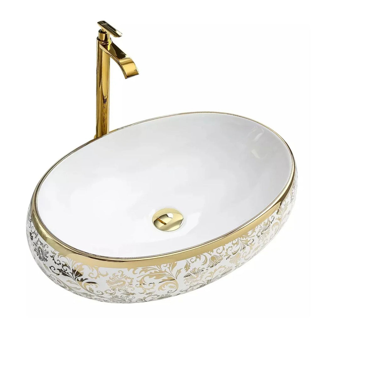 Lavamanos Sobreponer Tipo Vessel Blanco Dorado Ovalado 42X30X15