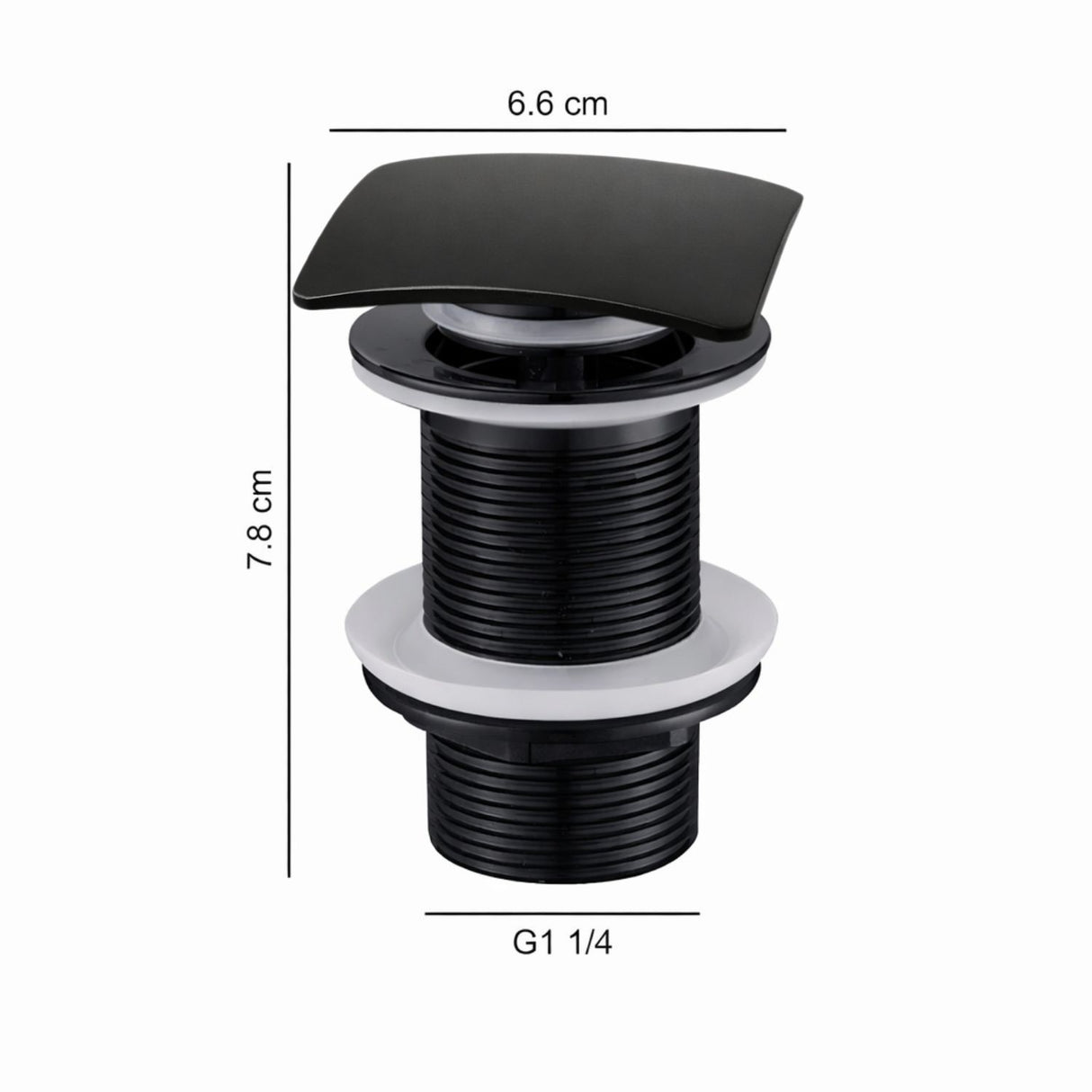 Desagüe Push para Lavamanos Negro Mate Cuadrado 7,8 cm de alto y 6,6 cm de ancho