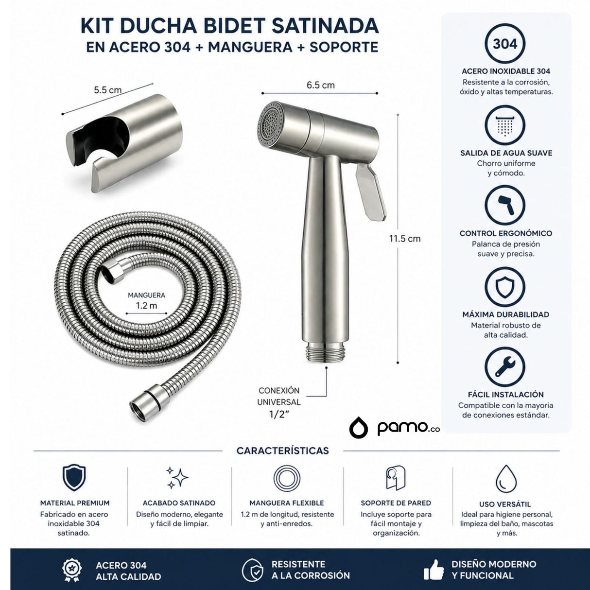 Kit Ducha Bidet Acero Inoxidable 304 Satinado Con Manguera Y Soporte Higiénico Para Baño