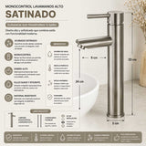 Grifería Lavamanos Alto Cuello Recto Satinado 30 cm Monocontrol para Lavamanos Vessel