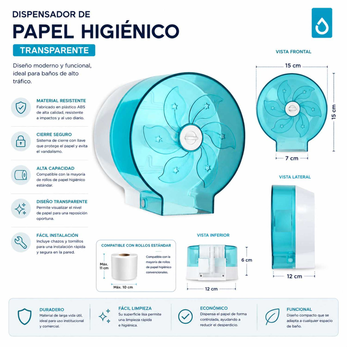 Dispensador de Papel Higiénico para Hogar ABS Acrílico 17 x 15.5 x 13 cm | Porta Rollo Familiar