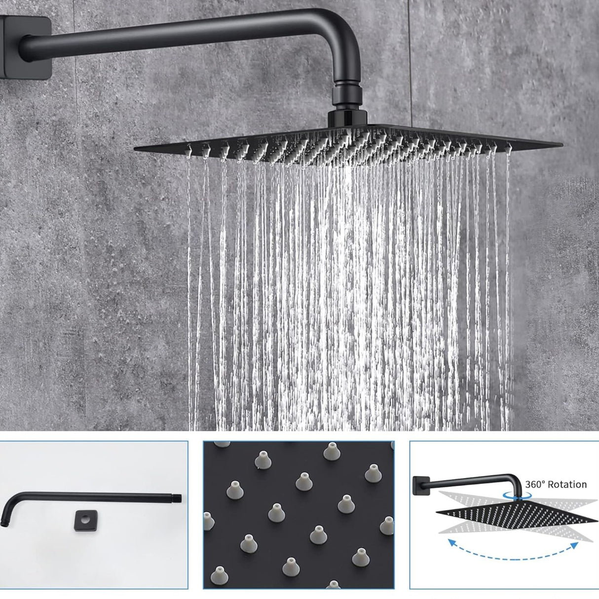 Ducha Regadera Cuadrada Color negro 25cm +Tubo