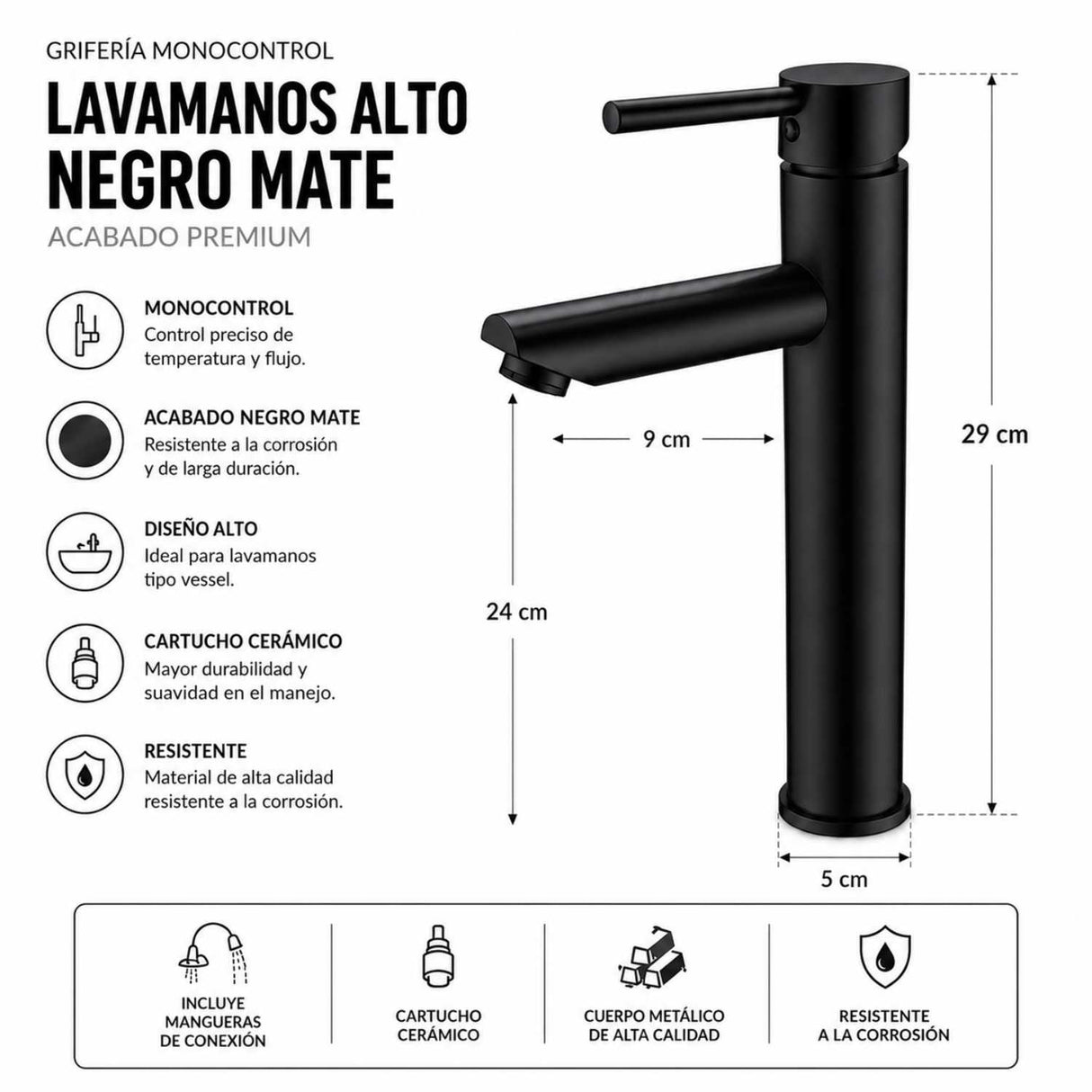 Grifería Lavamanos Alto Cuello Recto Negro Mate 29 cm Monocontrol para Lavamanos Vessel