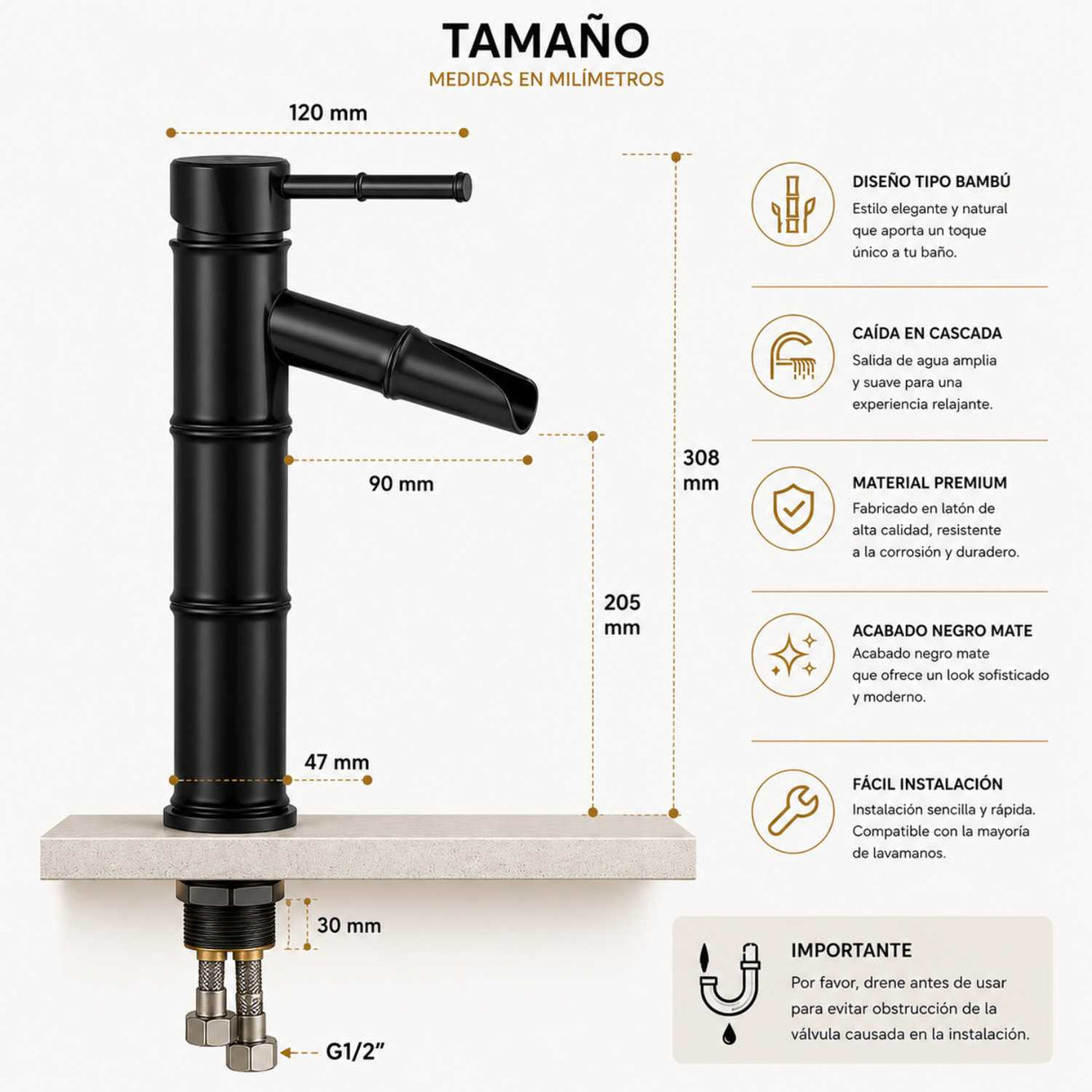 Grifería Monocontrol Cascada Alto Bambú