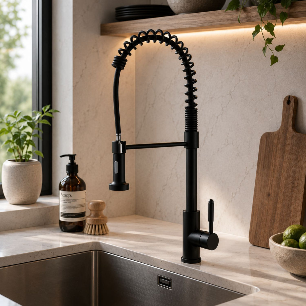 Grifería Lavaplatos Cisne Industrial Negra Extraíble | Monocontrol Flexible para Cocina