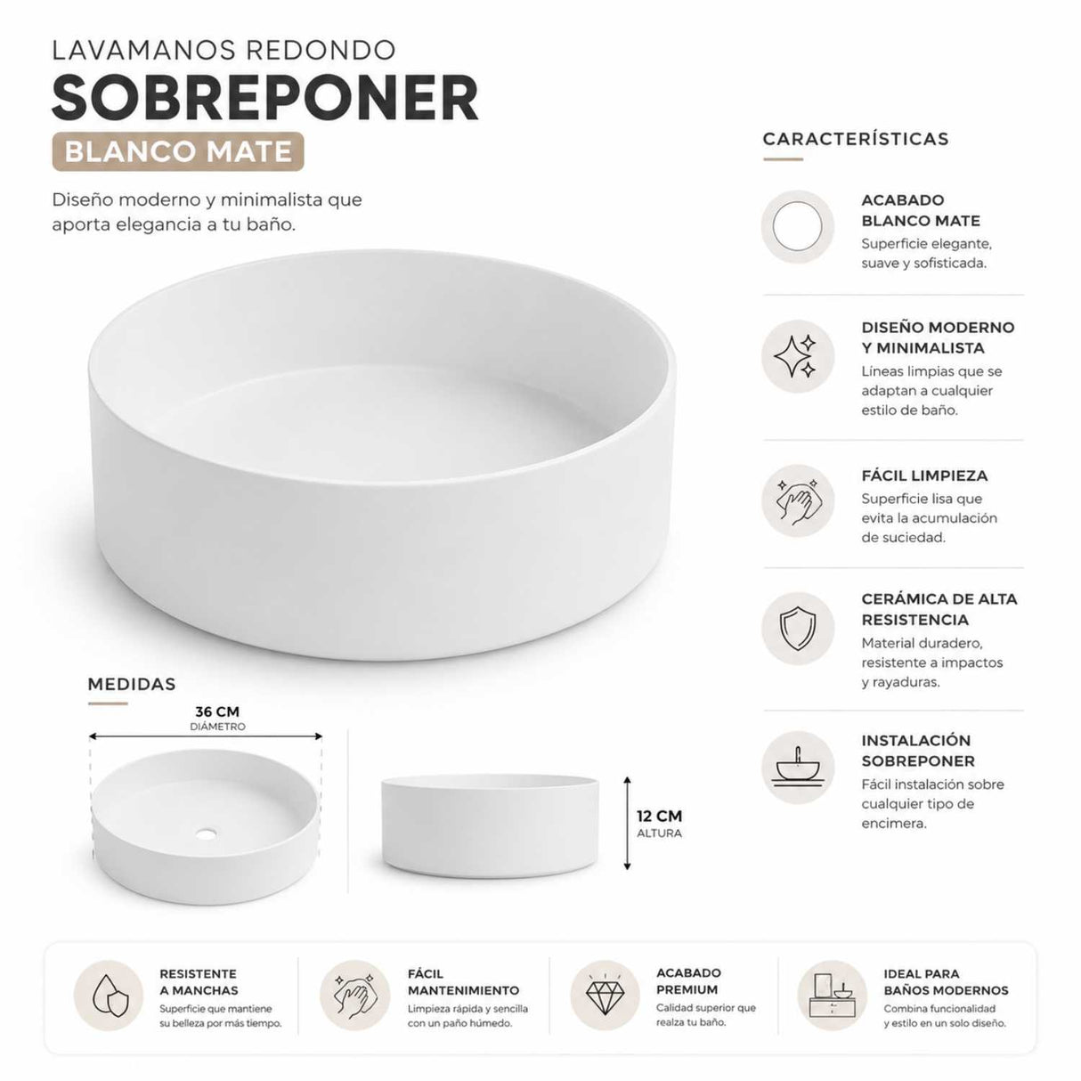 Lavamanos Sobreponer Olimpus Blanco Mate 36 x 36 x 12 cm | Diseño Redondo Moderno