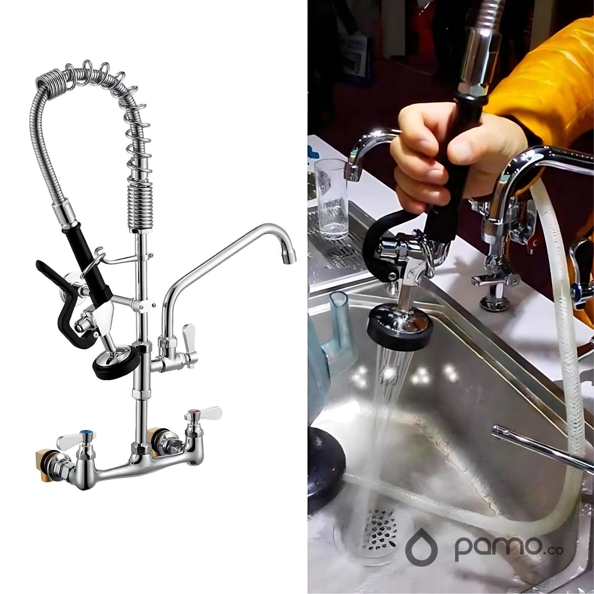 Grifería Lavaplatos Industrial Doble - Cuello Giratorio 360° - Pared 8” (20 cm) - Alta Resistencia