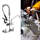 Grifería Lavaplatos Industrial Doble - Cuello Giratorio 360° - Pared 8” (20 cm) - Alta Resistencia