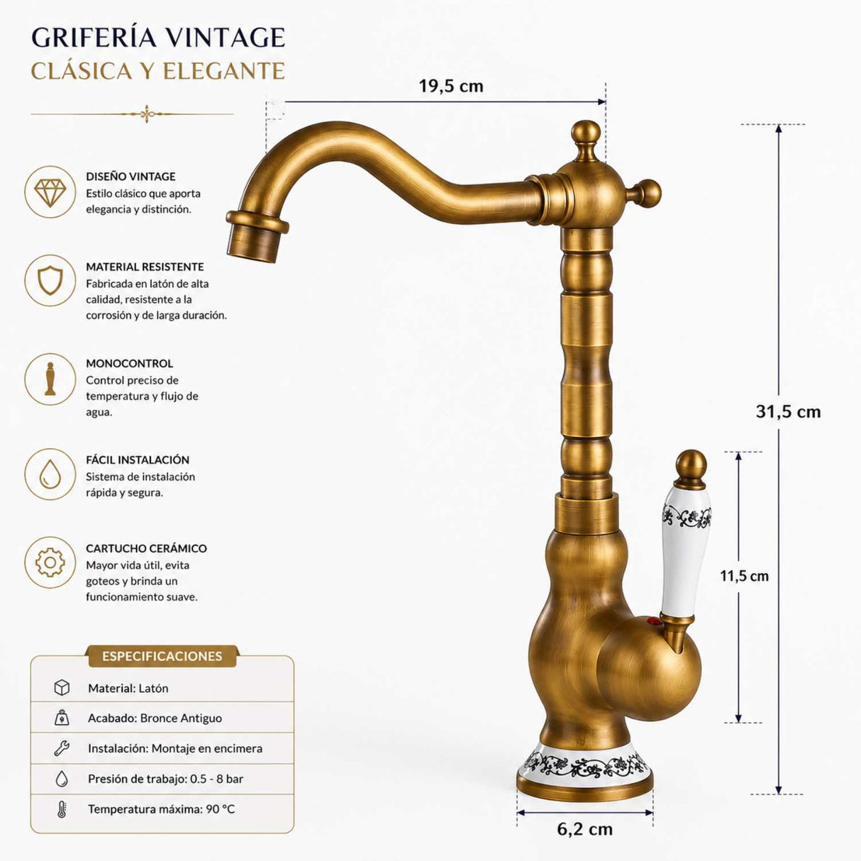 Grifería Monocontrol Vintage Metálica de Lujo para Lavamanos | Diseño Clásico Premium