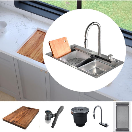 Lavaplatos Inteligente Acero Natural con Grifería y Accesorios - Acero SUS304 - 75x46 cm