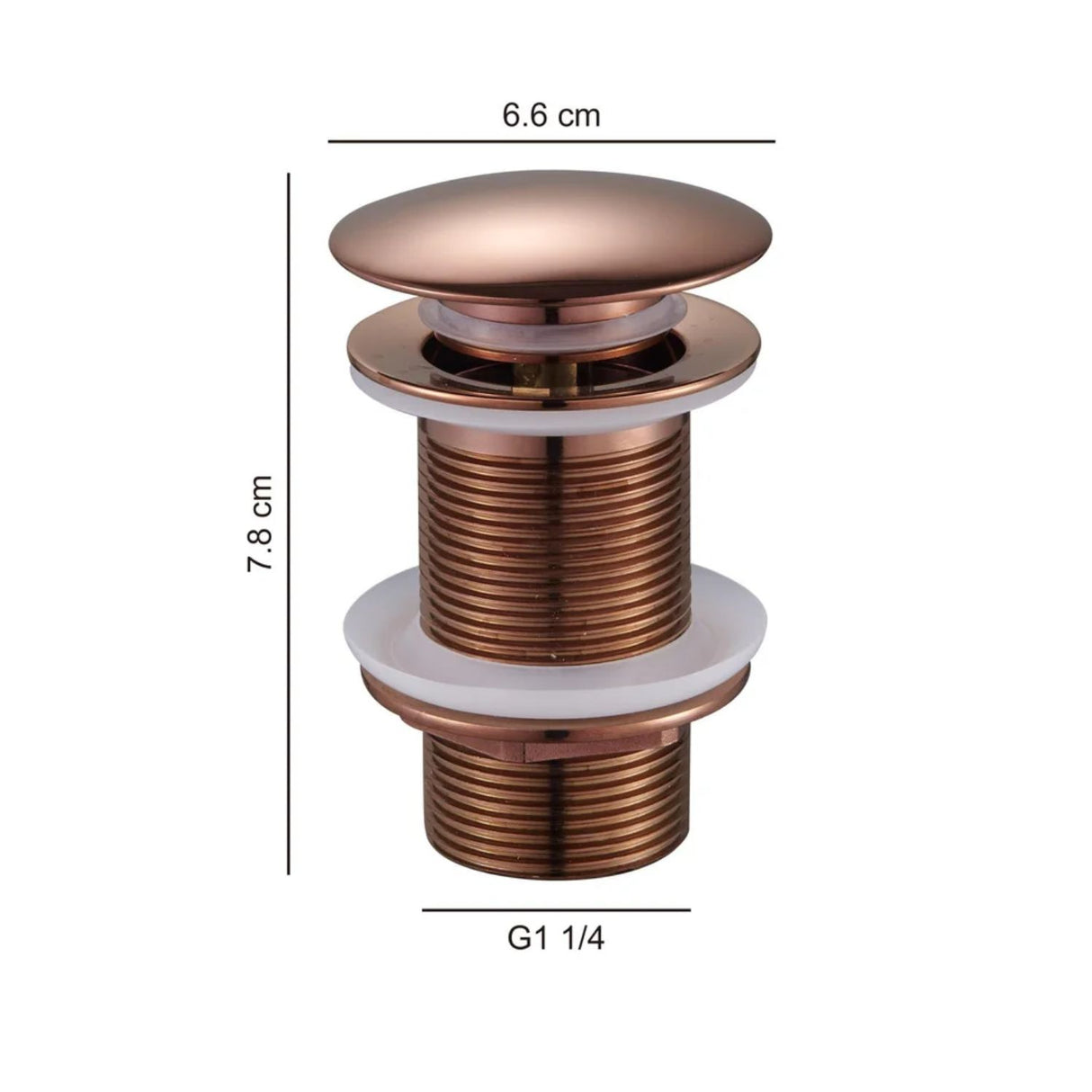 Desagüe Push para Lavamanos Cobre 7.8 cm Alto x 6.6 cm Ancho con Sosco Metálico 1 1/4 | Sistema Hongo Premium
