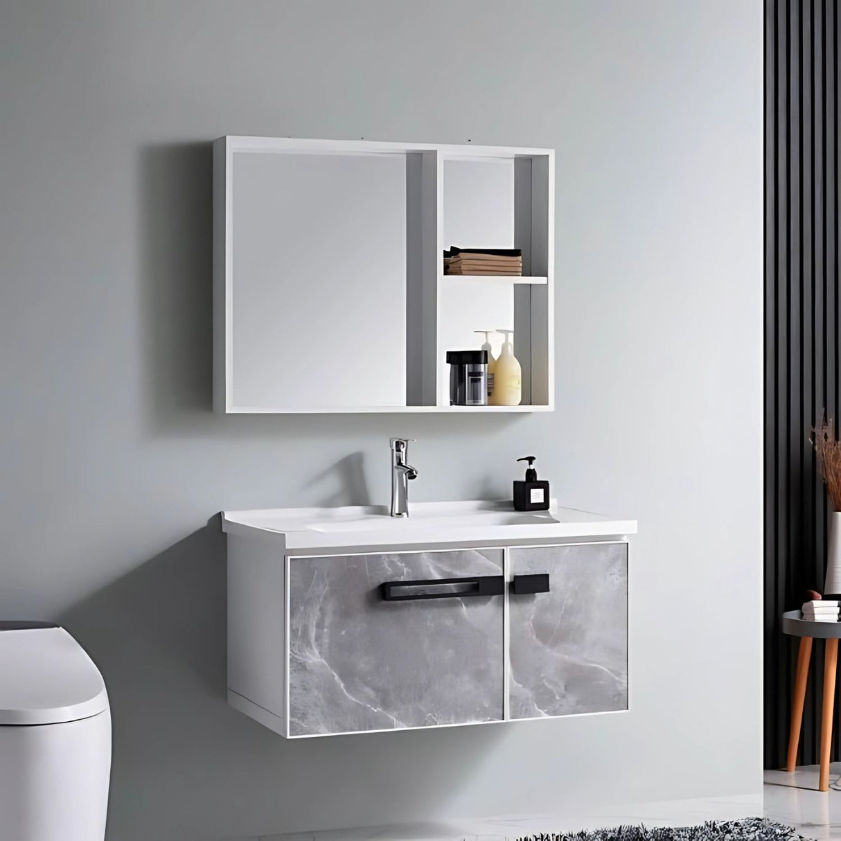 Set Lavamanos Espejo PVC Resistente Humedad - Mueble 2 Puertas Gris Mármol