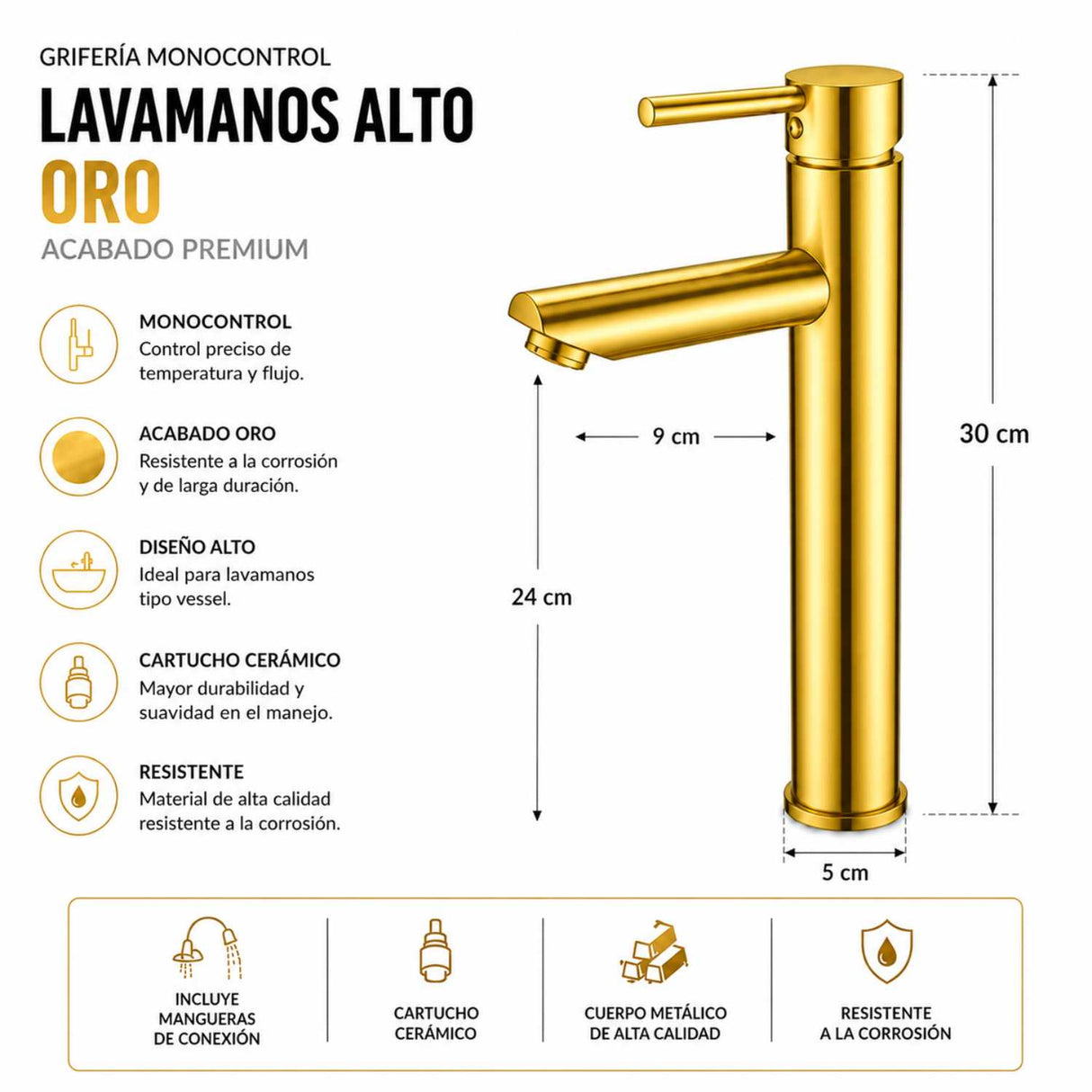 Grifería Lavamanos Alto Cuello Recto Oro Brillante 30 cm Monocontrol para Lavamanos Vessel