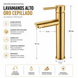Grifería Lavamanos Alta Monocontrol Oro Cepillado 29 cm Alto Cuello Recto