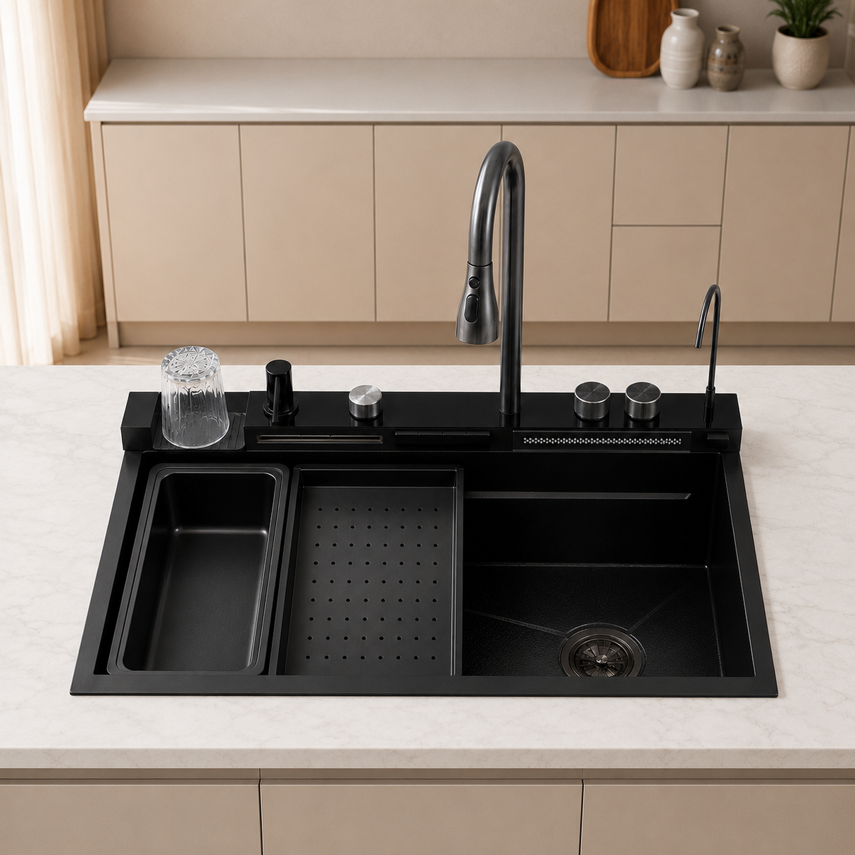 Lavaplatos inteligente Pamo negro 75 × 46 cm en acero inoxidable 304 con grifería multifunción y accesorios móviles
