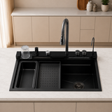 Lavaplatos inteligente Pamo negro 75 × 46 cm en acero inoxidable 304 con grifería multifunción y accesorios móviles