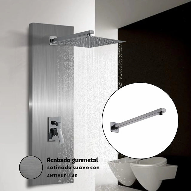 Brazo cuadrado Kassel gunmetal de 40 cm instalado en ducha