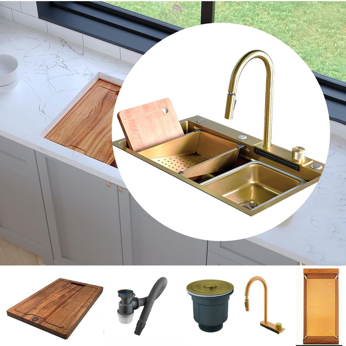Lavaplatos Oro Golden con Grifería y Accesorios - Acero SUS304 - 75x46 cm