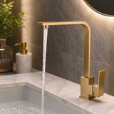 Grifería Monocontrol Lavaplatos Cuello L Cuadrado Oro Cepillado 35 cm Acero Inoxidable
