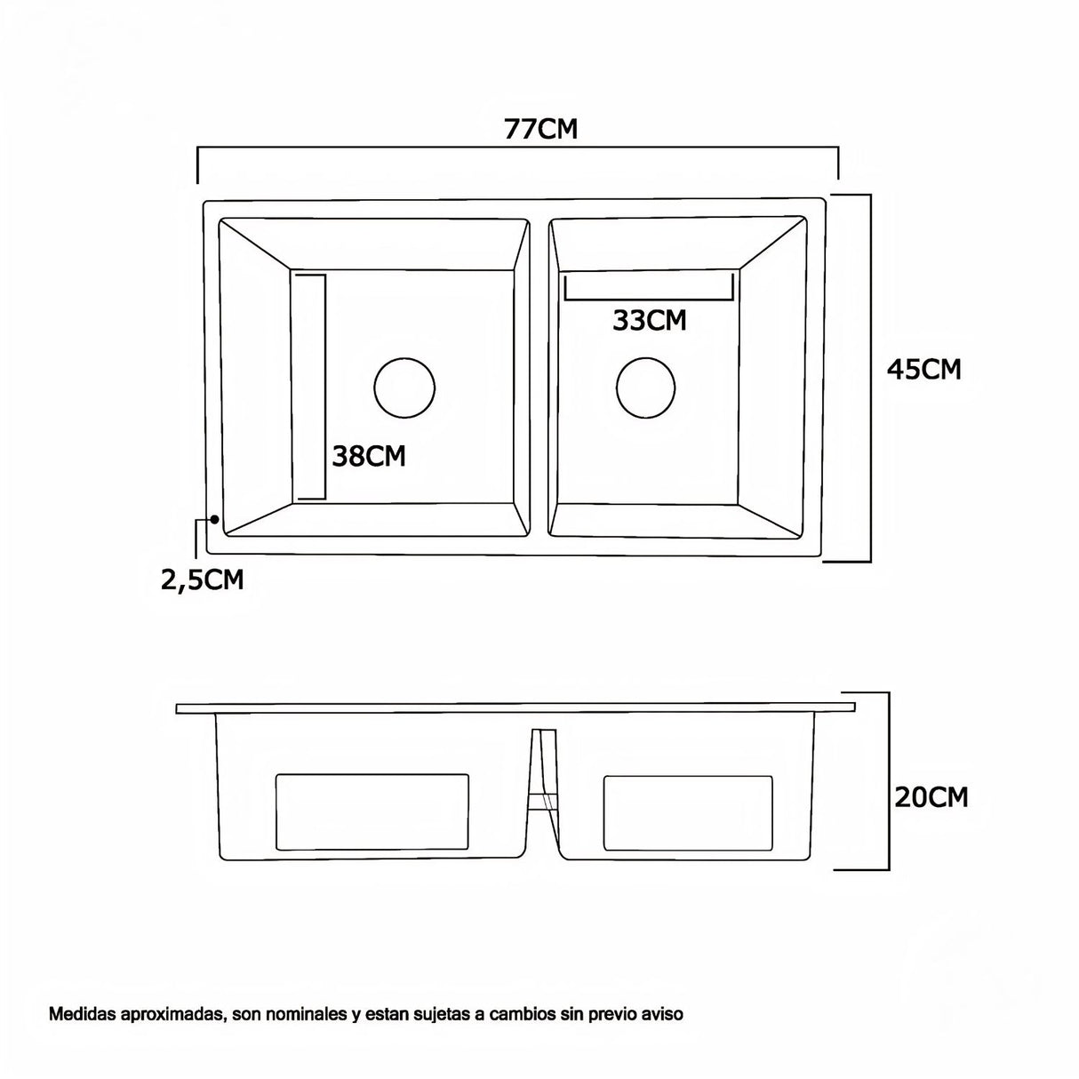 Lavaplatos Doble en Acero 304 Satin 77 x 45 x 21 cm | Alta Resistencia y Diseño Moderno