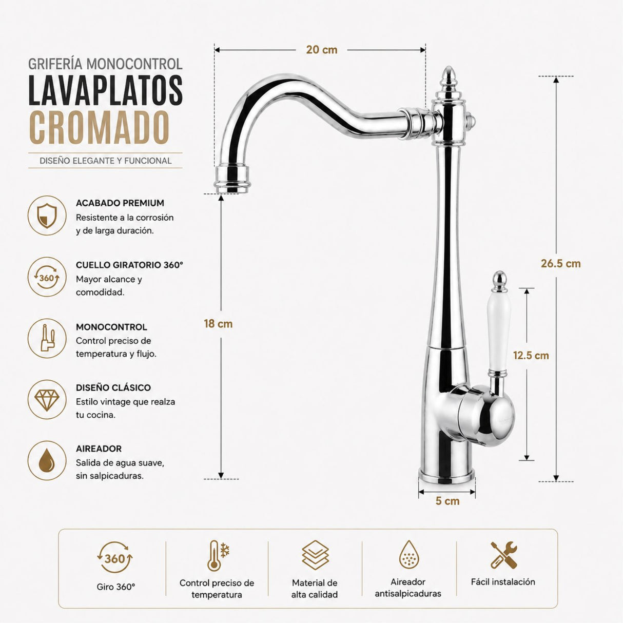 Grifería Monocontrol Lavaplatos Fénix Cromada 26,5 cm Alto