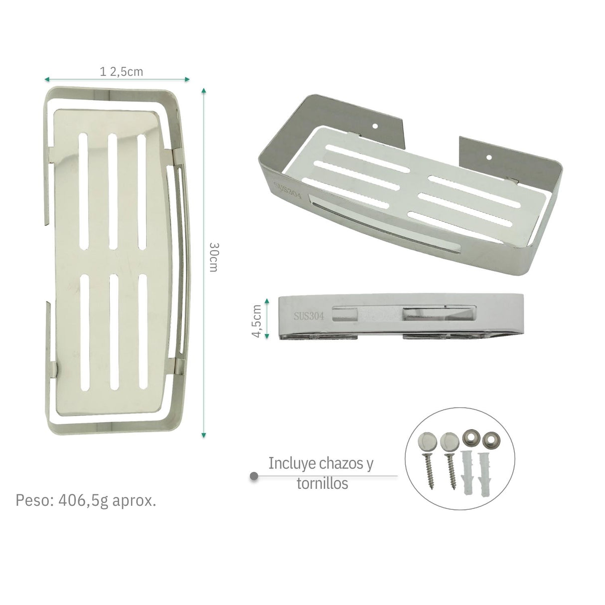 Repisa Rectangular tipo Rejilla para Baño en Acero SUS 304 - 30X12 cm