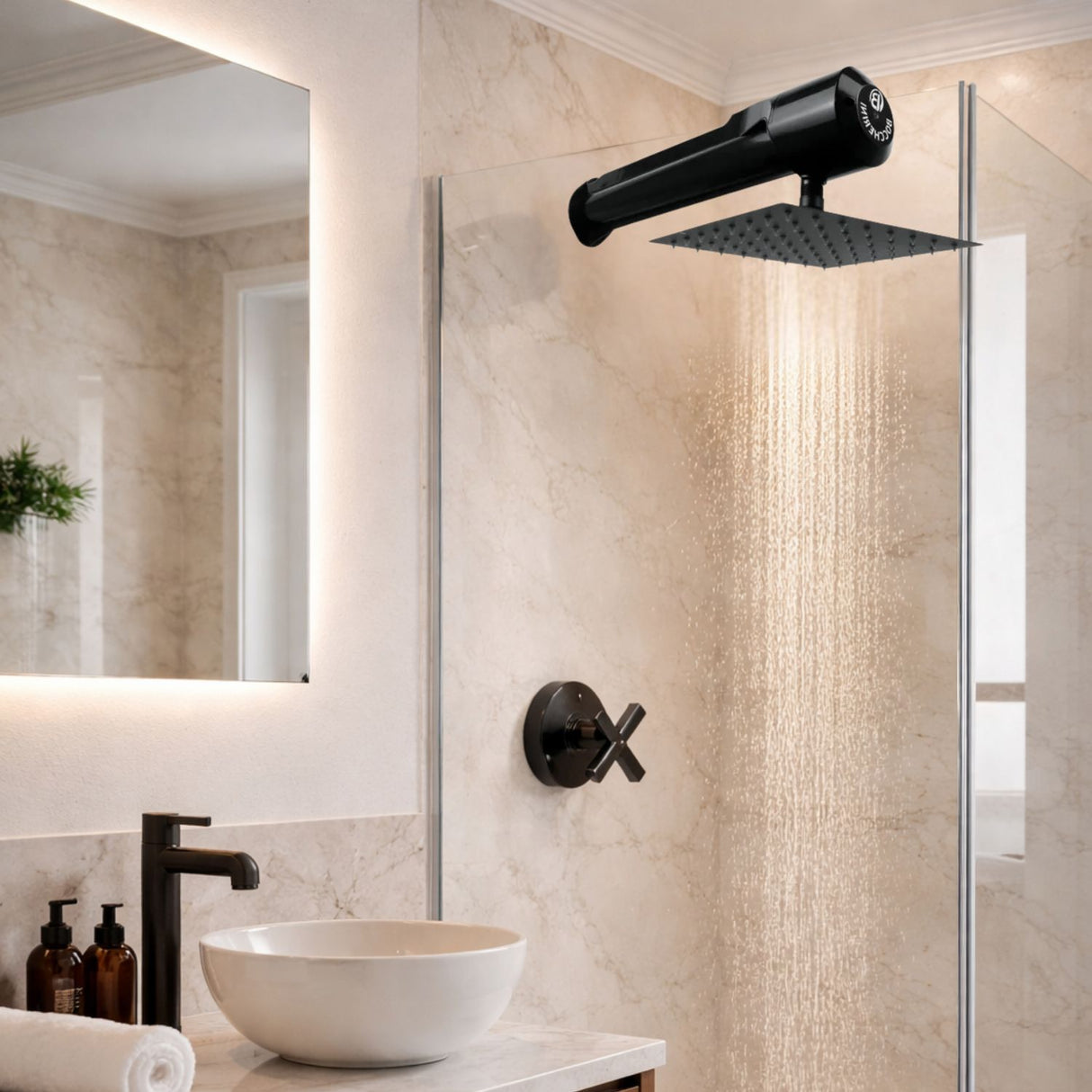 Ducha Eléctrica Horizontal Lusso Negra 220V con Regadera de 8” – Agua Caliente Instantánea