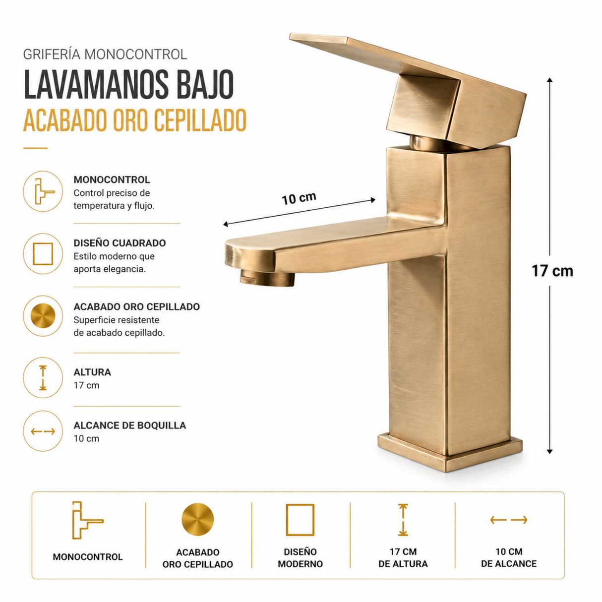 Grifería Lavamanos Baja Monocontrol Cuadrada Oro Cepillado 17 cm Alto x 10 cm Alcance Diseño Moderno Premium