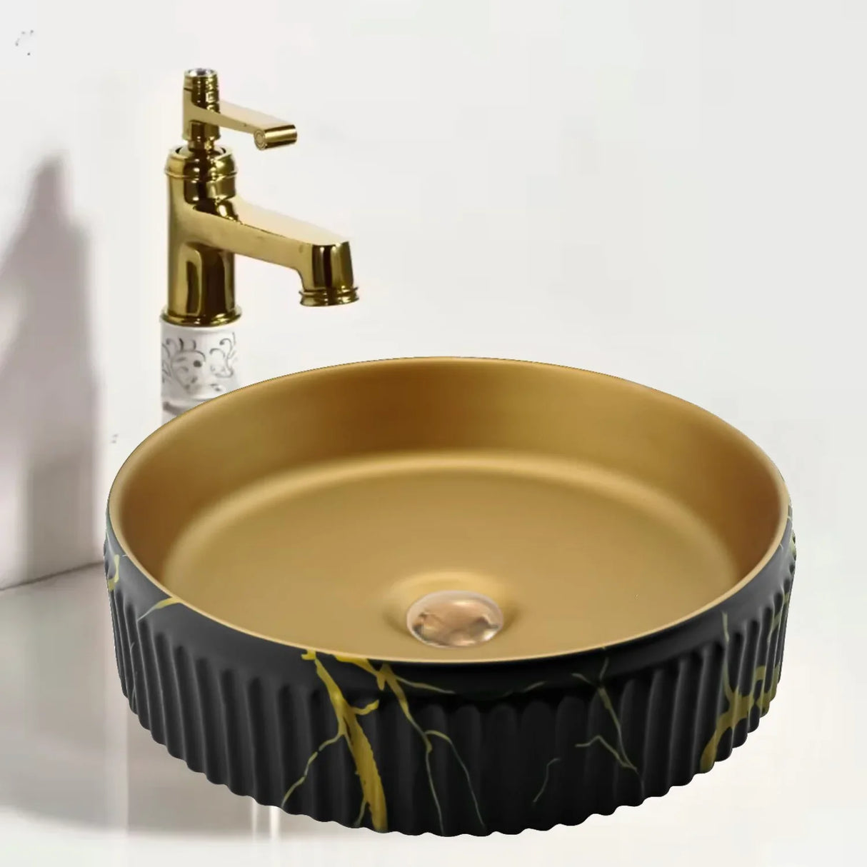 Lavamanos Redondo Dorado Negro Mármol Cerámica Lujo