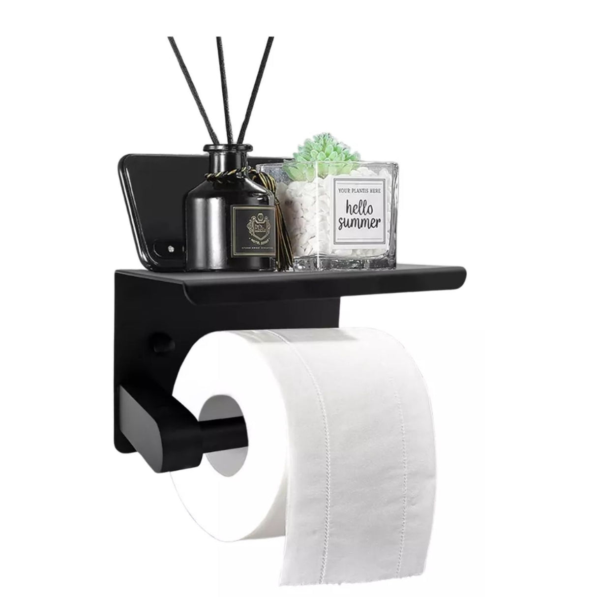 Porta Rollo con Soporte para Celular - Negro Mate en Acero Inoxidable SUS 304