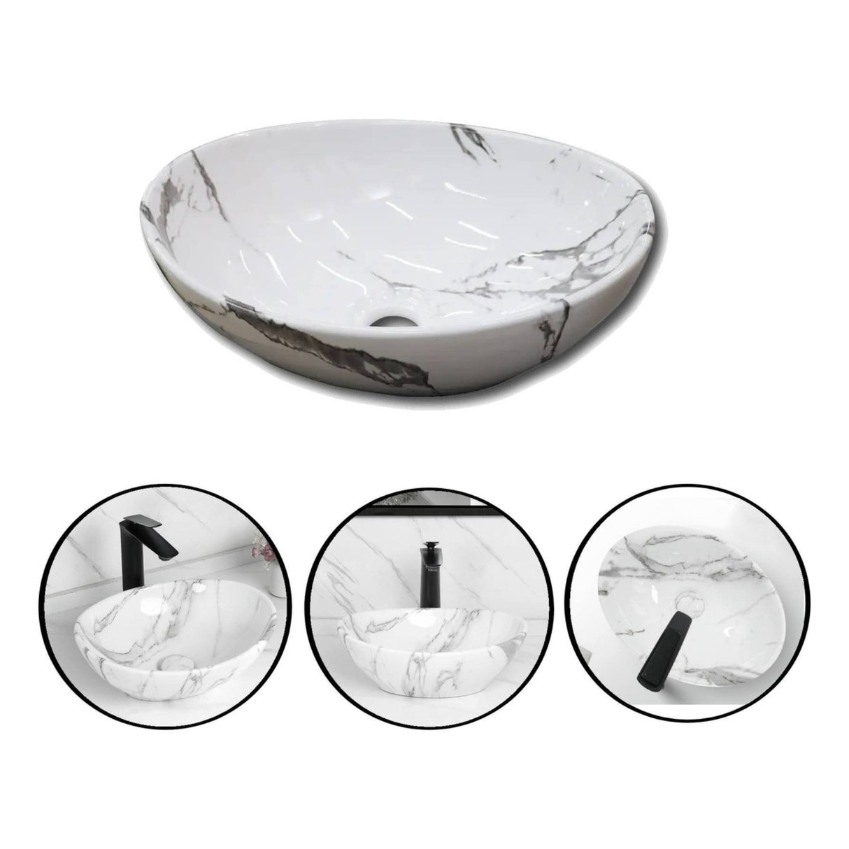 Kit Completo Lavabo Venato Oval-sifón -grifo Negro Agua Fría