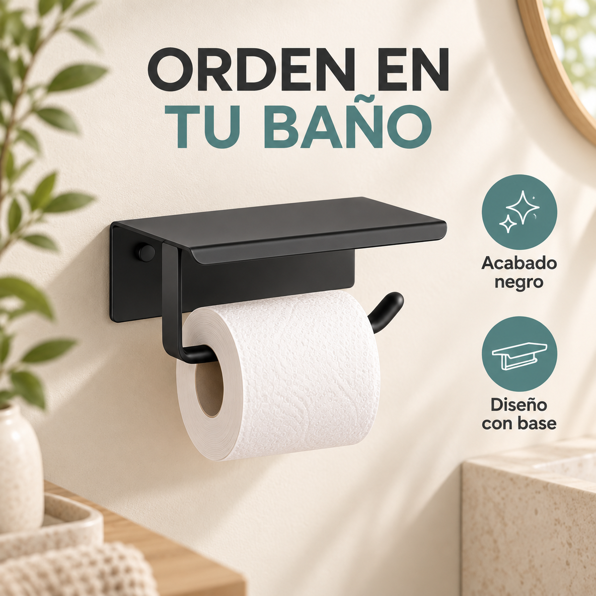 Características del portarrollos negro con base