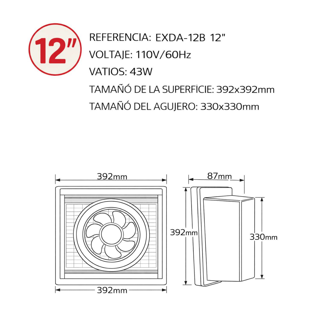 Extractor De Aire Y Olores Para Baño 12"