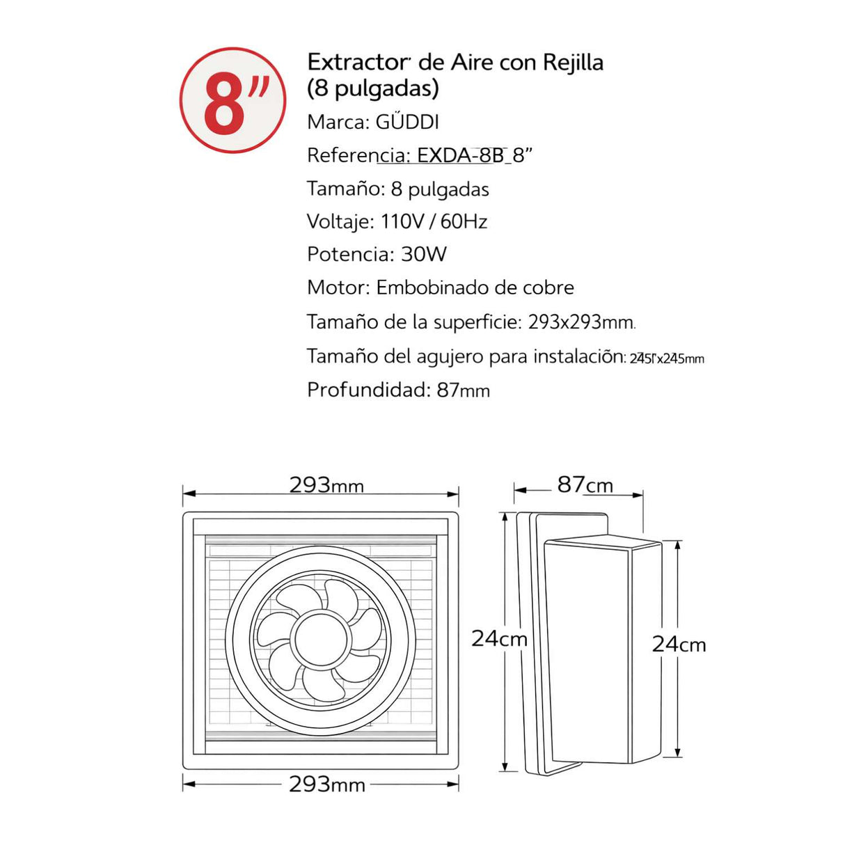 Extractor De Aire Y Olores Para Baño 8"