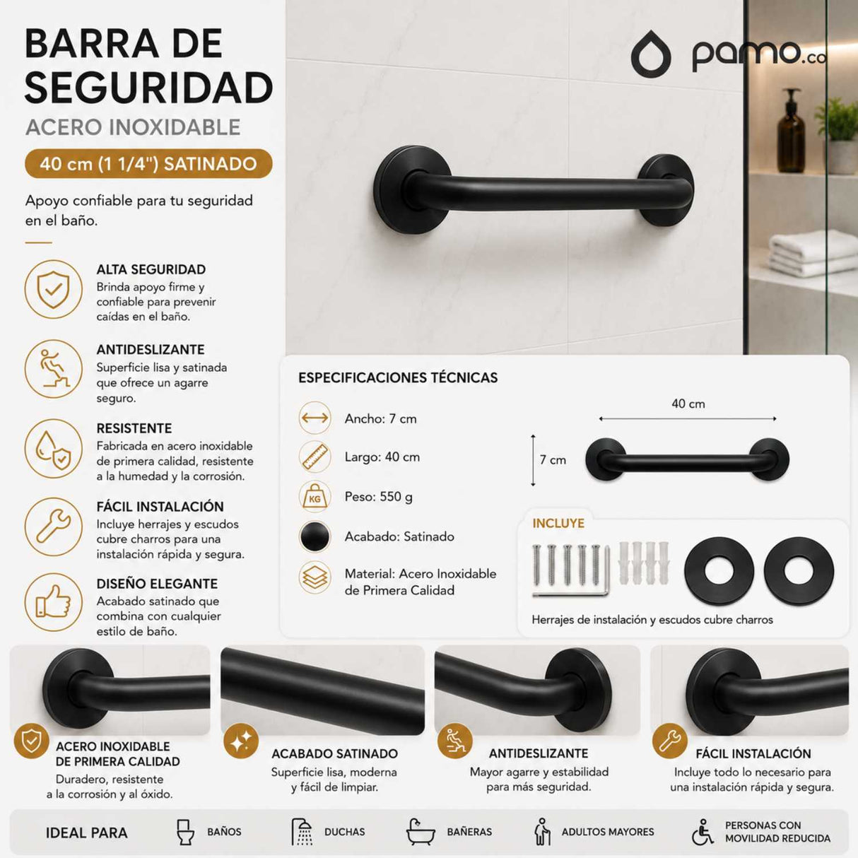 Barra de seguridad recta satinada 40 cm del combo