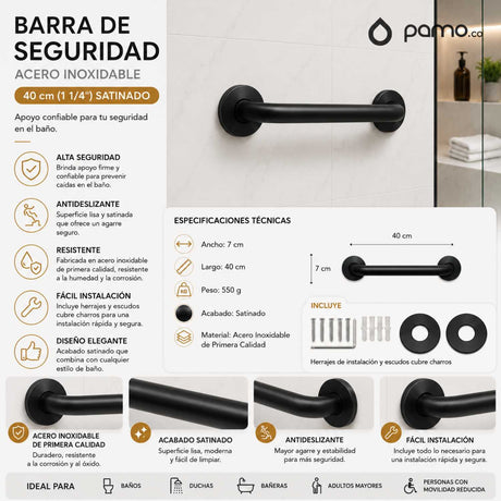 Juego Barras de Seguridad para Baño Acero Inoxidable Satinado 40 cm + Abatible 70 cm